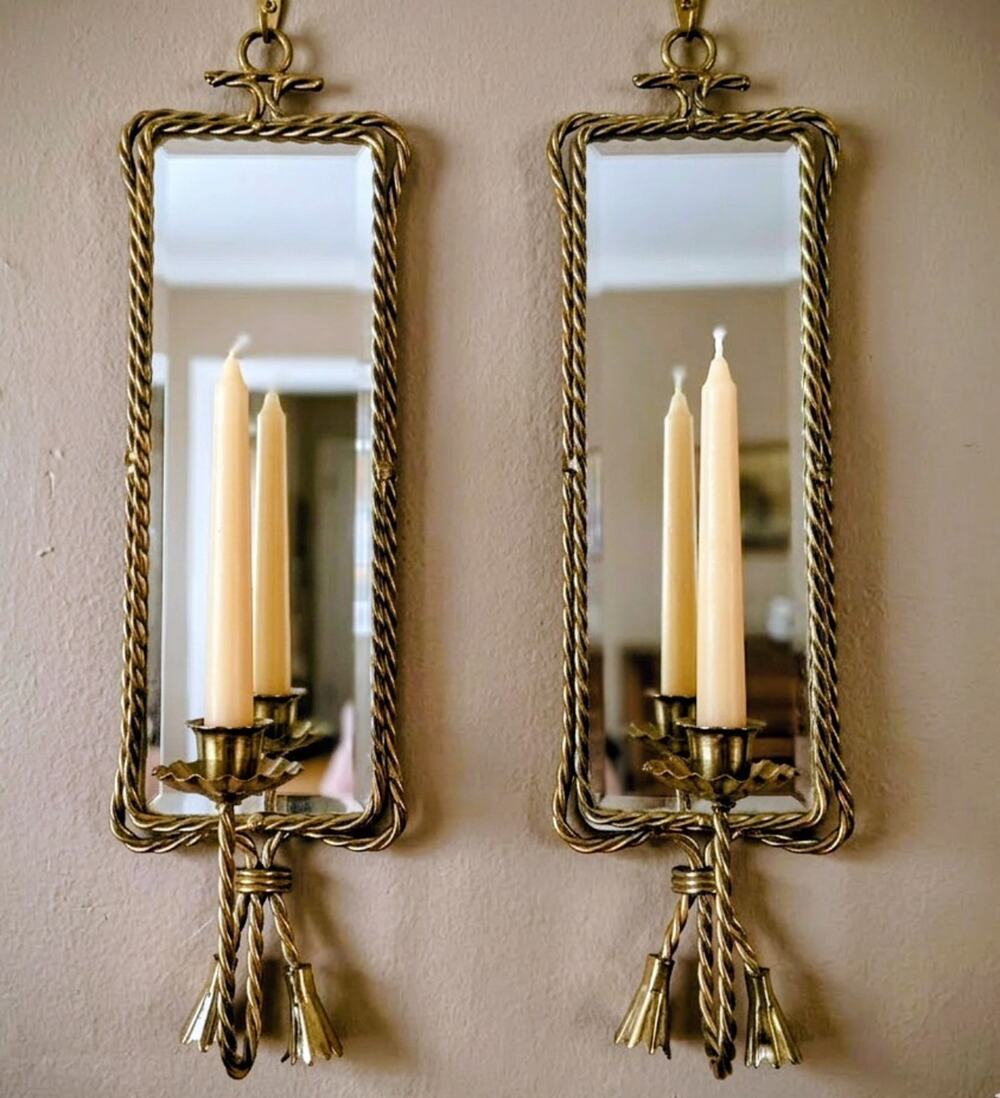 Vtg Godinger Solid Brass Mirrored Wall Sconce Pair Rope Tassel 17.5" Heavy